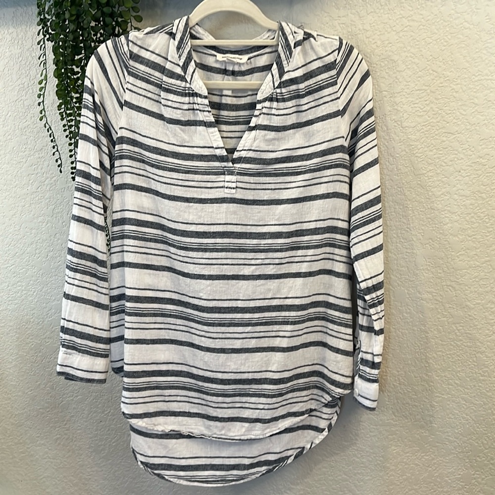 Beachlunchlounge Linen Blend Striped Split Neck Long Sleeve Tunic Top M